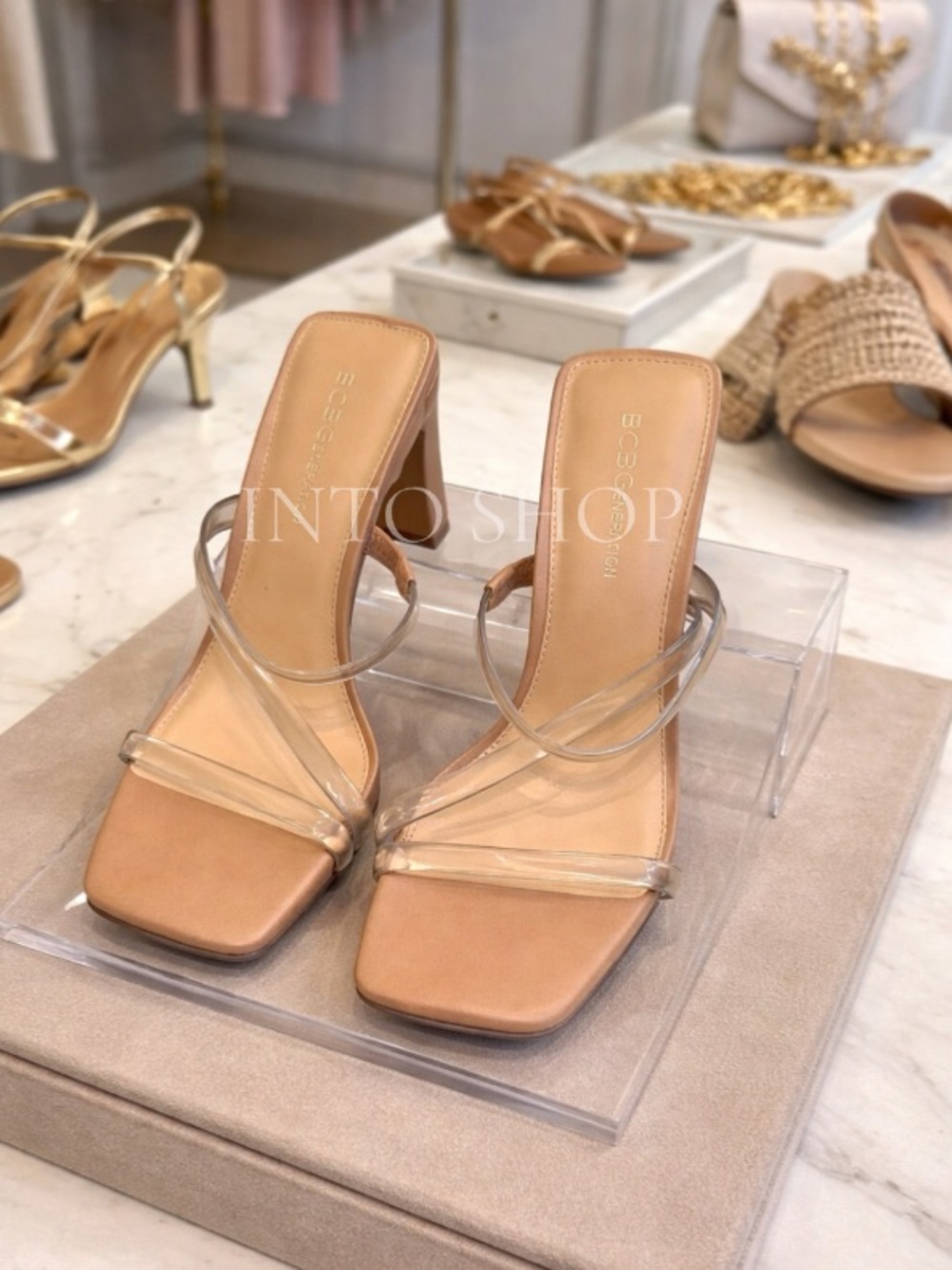 BCBGeneration Nude Clear-Strap Square Toe Block Heel Sandals (W7.5)
